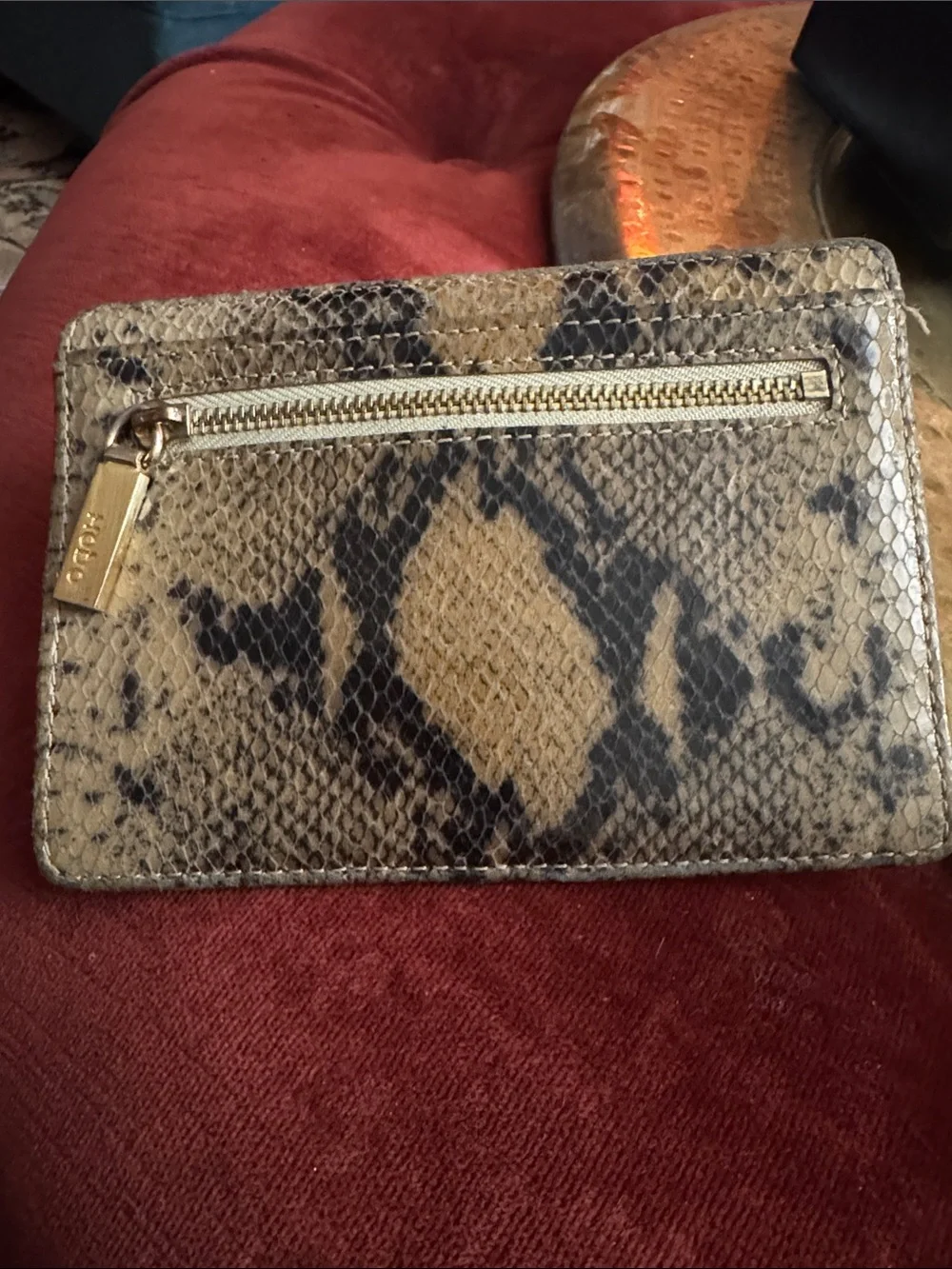 HOBO Snake-Print  Leather Zip Card Case in Tan and Black with Gold Hardware
